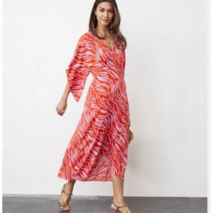 Cabi Red Pink Zebra Print Midi Dress S Flowing Kimono Sleeve Asym Hem